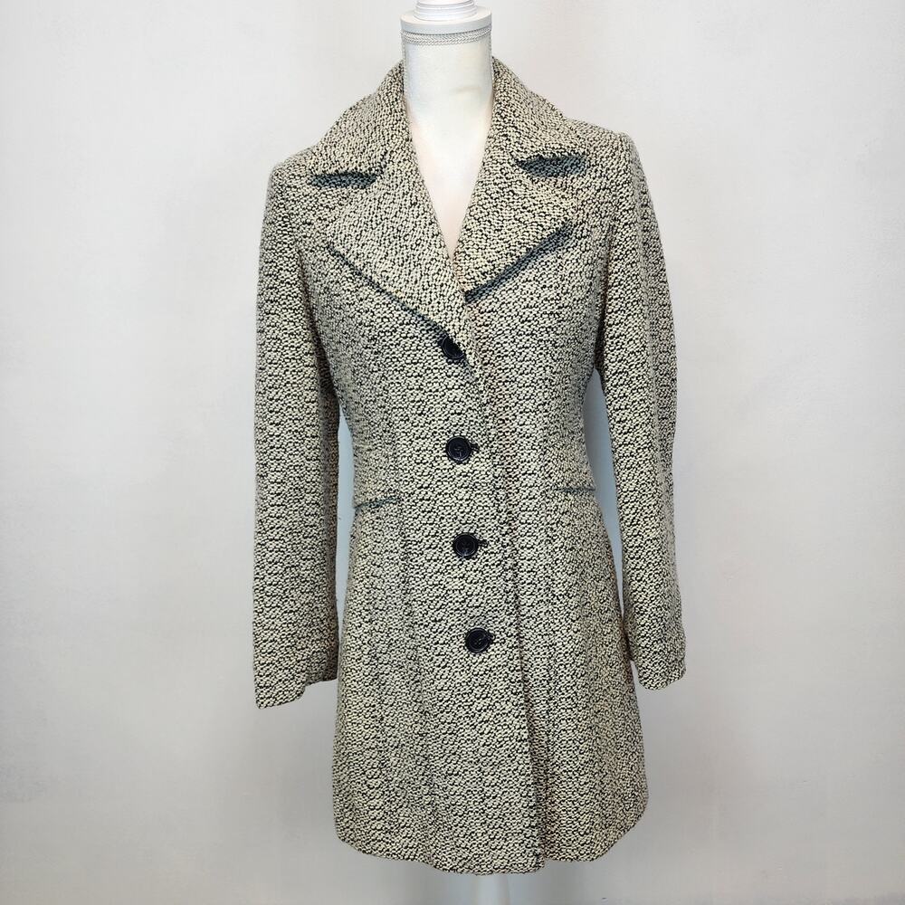 𝅺Giacca Womens Mid Length Tweed Wool Coat Size M Ivory Black Single Breast City